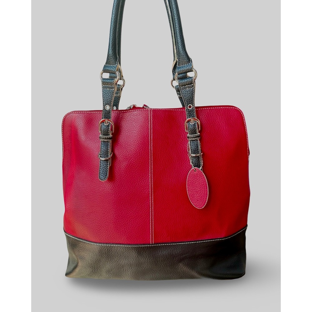 Wilsons Leather Pebbled Colorblock Tote Red Black Leopard Lined Shoulder Bag
